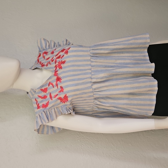 KINDRED Striped Ruffle Sleeve Floral Embroidered Peasant Peplum Babydoll Top - Picture 2 of 8